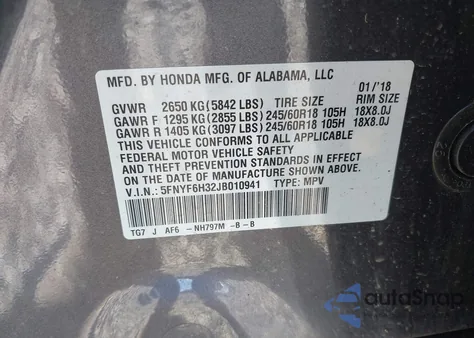 2018 Honda Pilot Ex из США, поврежденный, VIN 5FNYF6H32JB010941